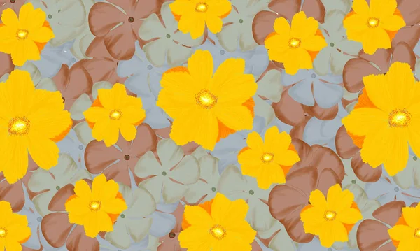 カラフルな黄色のコスモスの花手描きパターンの背景 — ストック写真