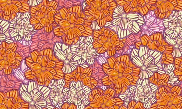 Colourful Yellow Cosmos Flower Hand Drawn Pattern Background — Stock Photo, Image