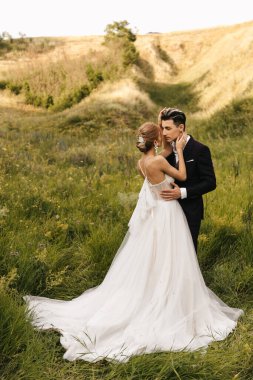 Genç ve güzel bir çift yeşil çimlerin üzerinde tepelerin arkasında sarılıyor. Yüksek kalite fotoğraf