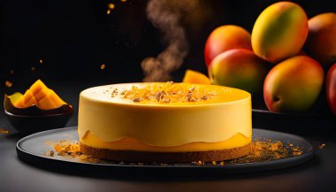 Siyah arka planda nefis bir mango keki ve içinde malzemeler var..