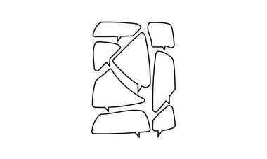 Diyalog, Sohbet. Konuşma balonları, iletişim konsepti. Geometrik şekiller. Konuşma, tartışma sembolleri. İzole edilmiş soyut, çizgiler vektör illüstrasyonu