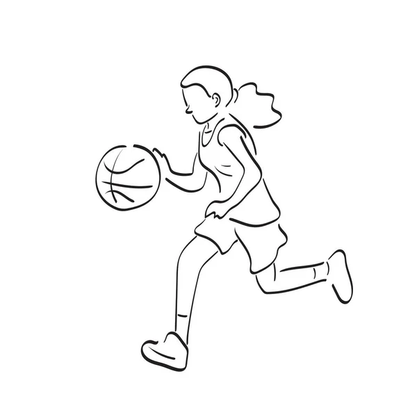 Línea Arte Chica Jugando Baloncesto Ilustración Vector Mano Dibujado Aislado — Vector de stock
