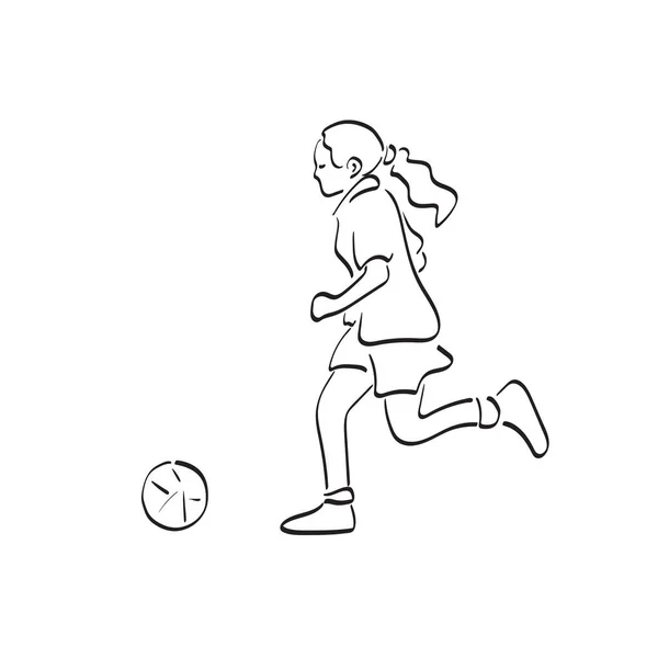 Línea Arte Chica Jugando Fútbol Con Bola Ilustración Vector Mano — Vector de stock