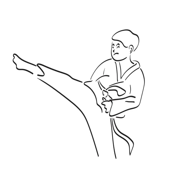 Linea Arte Ragazzo Tuta Karate Calci Illustrazione Vettore Mano Disegnato — Vettoriale Stock