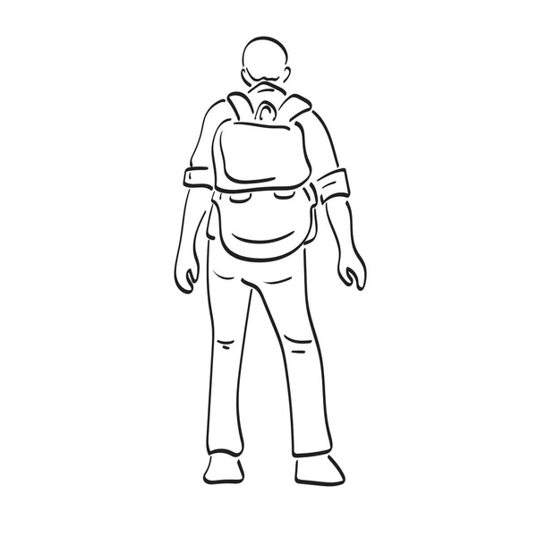 Uomo Con Zaino Piedi Illustrazione Vettore Disegnato Mano Isolato Sfondo — Vettoriale Stock