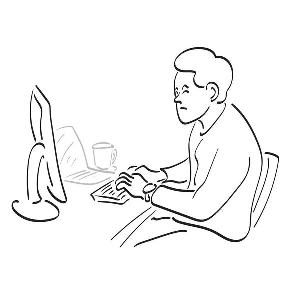 Desenvolvedor Computador Masculino Trabalhando Seu Escritório Ilustração Vetor Mão Desenhada — Vetor de Stock