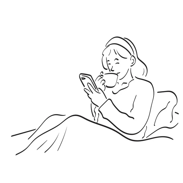 Mujer Bebiendo Café Cama Comprobando Teléfono Inteligente Ilustración Vector Mano — Vector de stock
