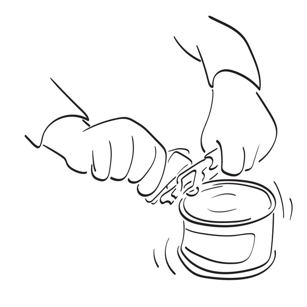 白地に描かれた缶オープナーイラストベクトル手を使ったラインアートクローズアップ — ストックベクタ