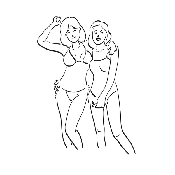 Dos Mujeres Bikini Vacaciones Verano Playa Ilustración Vector Mano Dibujado — Vector de stock