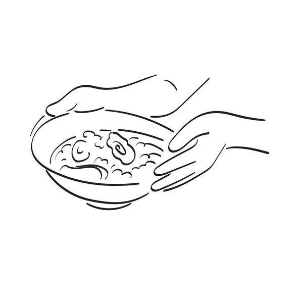 Čára Výtvarné Ruce Drží Nudle Misce Ilustrační Vektor Ručně Kreslené — Stockový vektor