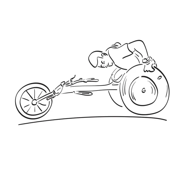 在轮椅上跑步的线艺术男性残疾运动员 手绘在白色背景上孤立的图形矢量 — 图库矢量图片