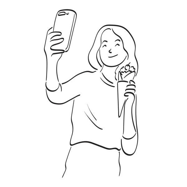 Línea Arte Mujer Tomando Selfie Con Helado Ilustración Vector Mano — Archivo Imágenes Vectoriales
