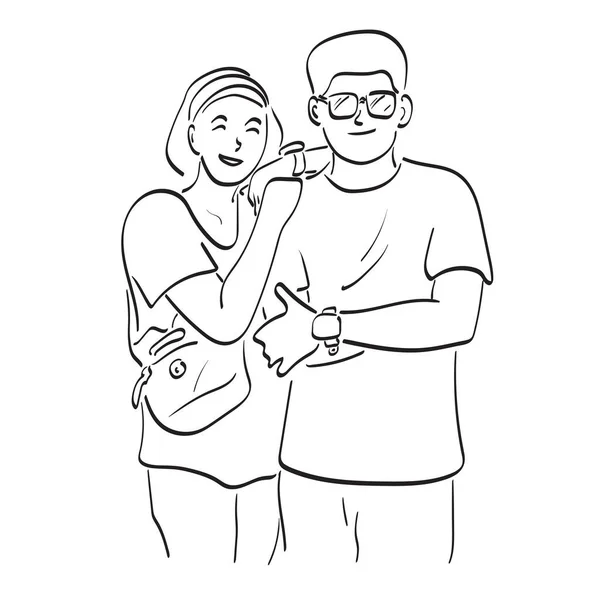 Line Art Couple Standing Happiness Illustration Vector Hand Drawn Isolated — Stock Vector