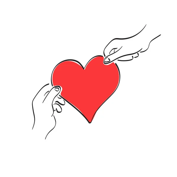 Male Female Hands Holding Big Red Heart Illustration Vector Hand — Stock Vector