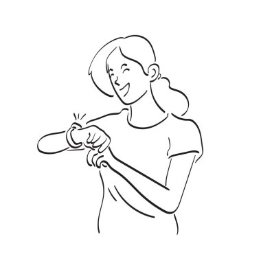 Çizgi sanatı mutlu kadın bilek saati illüstrasyon el çizim beyaz arka planda izole çizilmiş