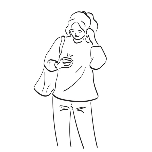 Женщина Сумкой Слушающая Музыку Смартфона Нарисованная Рукой Белом Фоне — стоковый вектор