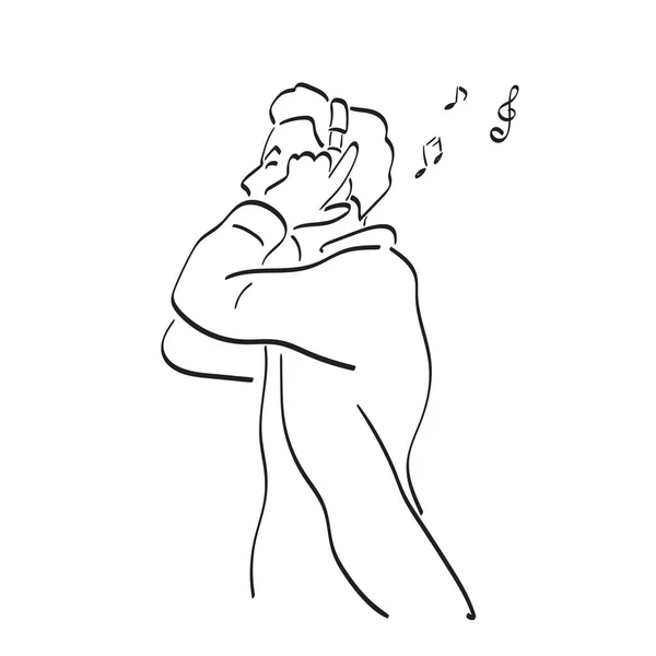Line Art Man Listening Music Headphone Illustration Vector Hand Drawn — Stock Vector