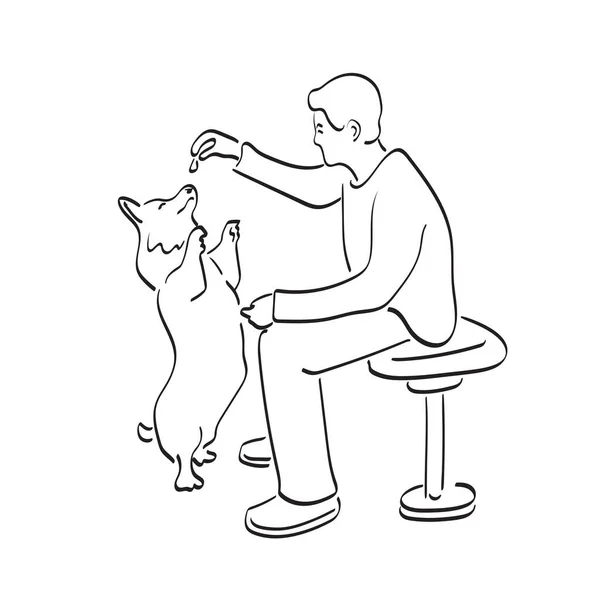 男人牵着宠物食品 而狗则站在后腿上 用白色背景线条艺术把画中的矢量画出来 — 图库矢量图片