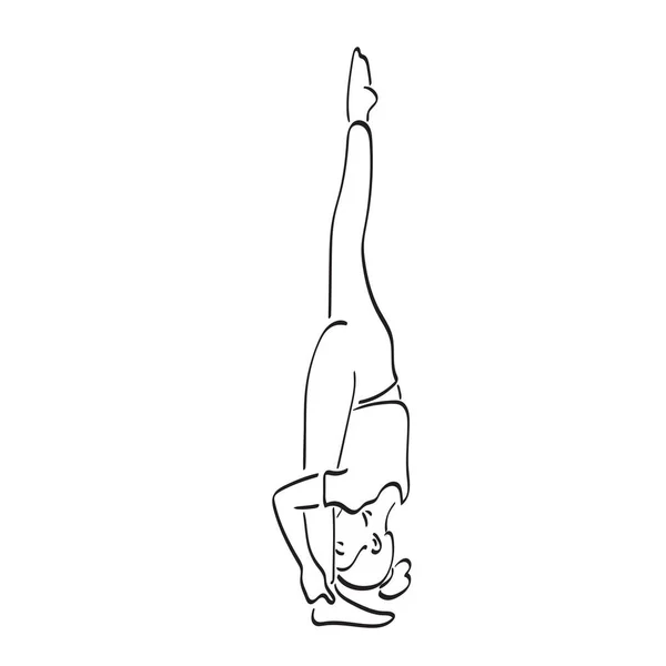 Kvinna Gör Yoga Med Huvudet Nedåt Och Ett Ben Upp — Stock vektor