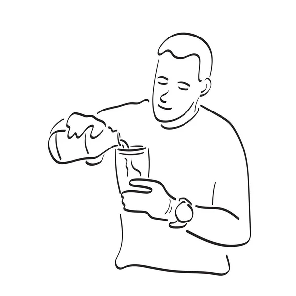 Homem Derramando Água Garrafa Para Ilustração Vidro Vetor Mão Desenhada —  Vetores de Stock