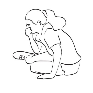 Çizgi sanatı genç bayan beyaz arka planda izole bir şekilde çizilmiş çizim vektörü elinde ağlıyor