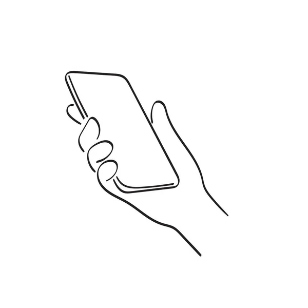 Linha Arte Closeup Mão Segurando Smartphone Ilustração Vetor Mão Desenhada —  Vetores de Stock