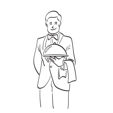 Smokinli ve eldivenli gülümseyen erkek garson yemek tepsisi ve peçete illüstrasyon vektör eli beyaz arka plan çizgisi üzerine izole edilmiş..