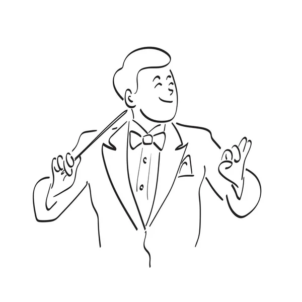 白い背景線画に描かれた交響楽団イラストベクトル手の指揮者 — ストックベクタ