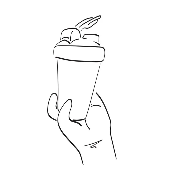 ラインアートクローズアップ手押しタンパク質シェーカーイラストベクトル手描き白背景 — ストックベクタ