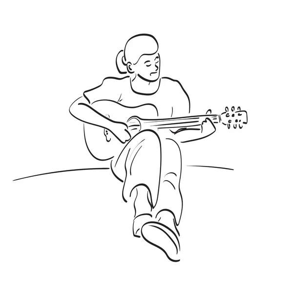 Línea Arte Mujer Tocando Guitarra Acústica Suelo Ilustración Vector Mano — Archivo Imágenes Vectoriales