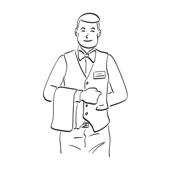 穿着燕尾服微笑的男服务员和餐巾纸插图矢量手绘在白色背景线条艺术上 — 图库矢量图片