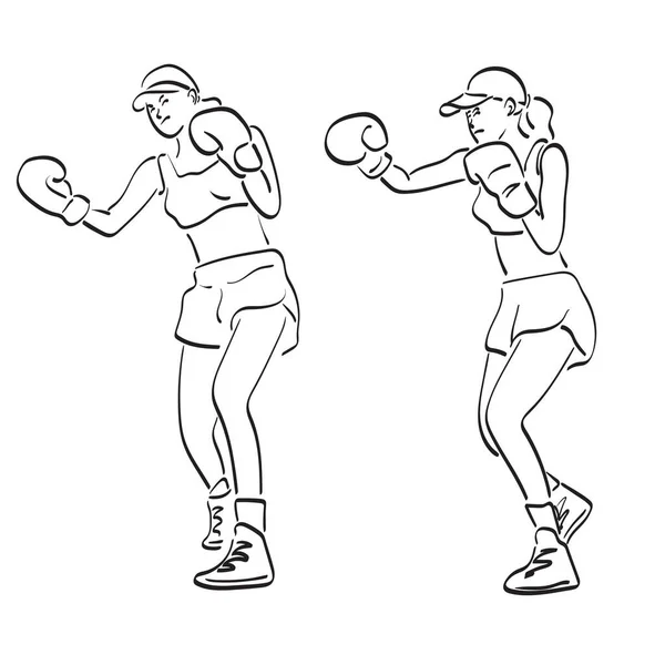 两名女运动员带着拳击手套打拳 画中的矢量手绘在白色背景线艺术上 — 图库矢量图片