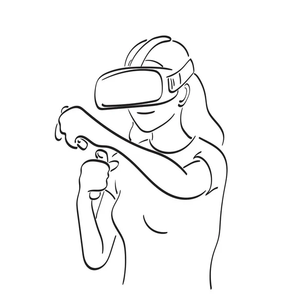 Línea Arte Mujer Jugando Juegos Con Gafas Joysticks Ilustración Vector — Archivo Imágenes Vectoriales