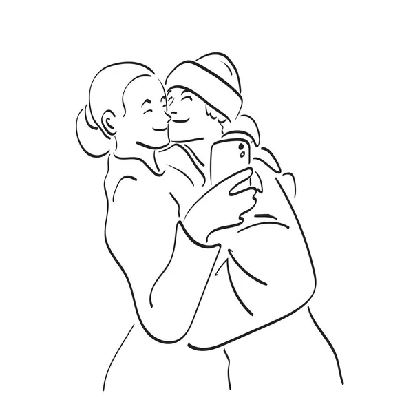 线条艺术年轻快乐的情侣恋爱中制作的自拍插图矢量手绘在白色背景上 — 图库矢量图片