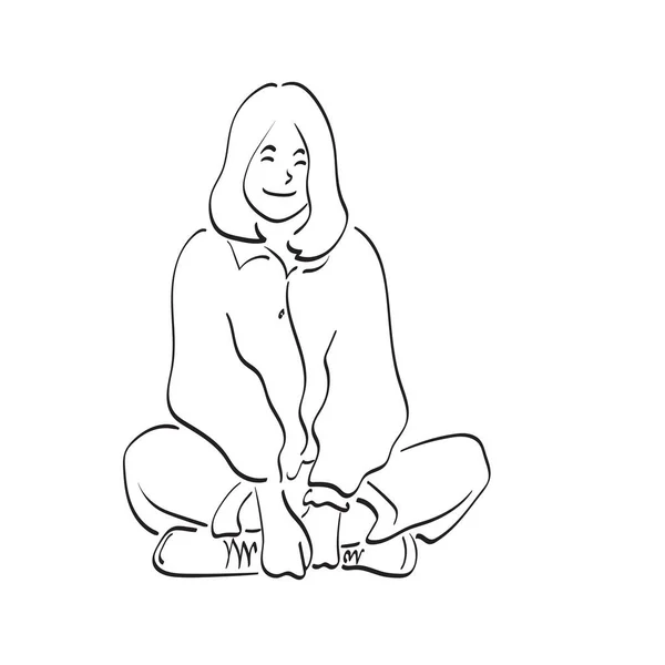 Línea Arte Longitud Completa Sonriente Mujer Sentada Suelo Ilustración Vector — Archivo Imágenes Vectoriales