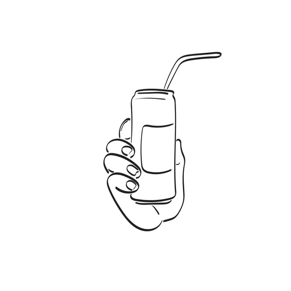 Closeup Χέρι Κρατώντας Κασσίτερο Μπορεί Cola Άχυρο Εικονογράφηση Διάνυσμα Χέρι — Διανυσματικό Αρχείο