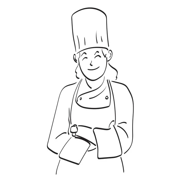 Feliz Sorridente Chef Feminino Com Braços Cruzados Ilustração Vetor Mão — Vetor de Stock