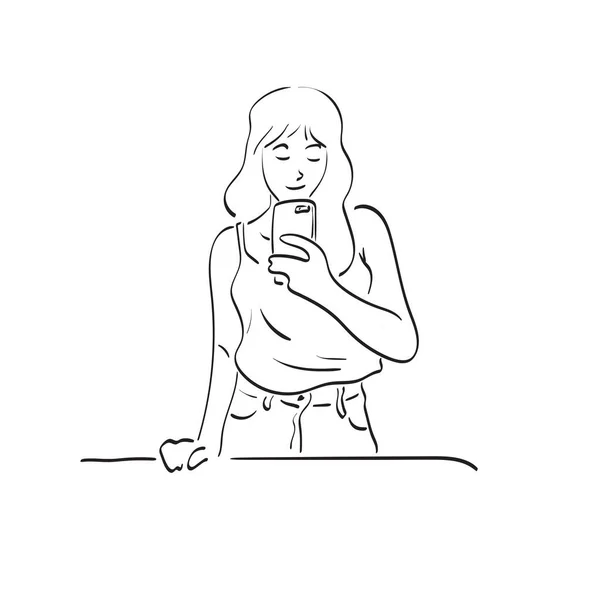 Línea Arte Mujer Tomando Foto Selfie Espejo Teléfono Móvil Ilustración — Archivo Imágenes Vectoriales