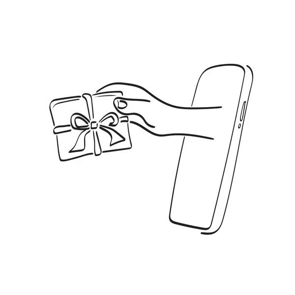 Närbild Hand Innehav Presentförpackning Smartphone Illustration Vektor Hand Dras Isolerad — Stock vektor