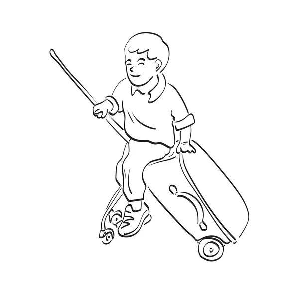 白い背景線画に描かれた旅行荷物イラストベクトルの手に座っている男の子 — ストックベクタ