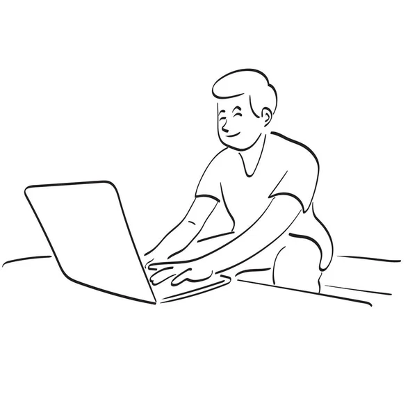 Férfi Dolgozik Laptop Számítógép Asztalon Házában Illusztráció Vektor Kézzel Rajzolt — Stock Vector