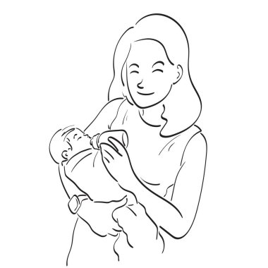 Çizgili sanat anne süt şişesi illüstrasyon el beyaz arka planda izole çizilmiş bebek tutmak ve besleme