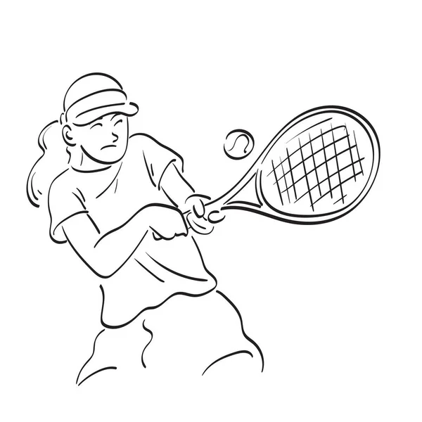 Line Art Athlete Asian Woman Playing Tennis Hitting Ball Racket — Stock Vector