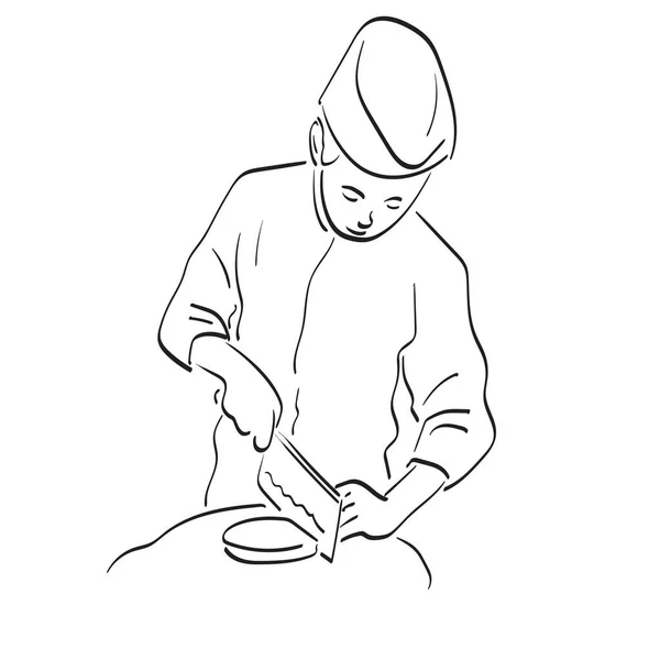 Masmale Chef Com Chapéu Usando Faca Ilustração Alimentos Vetor Mão —  Vetores de Stock