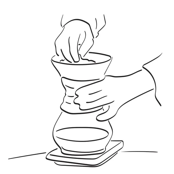 用玻璃杯煮热黑咖啡的特写镜头手拿着插图向量手绘在白色背景线条艺术上 — 图库矢量图片