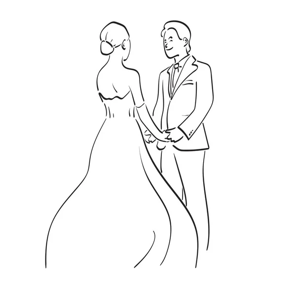 Ligne Art Mariage Couple Amour Tenant Main Illustration Vecteur Main — Image vectorielle