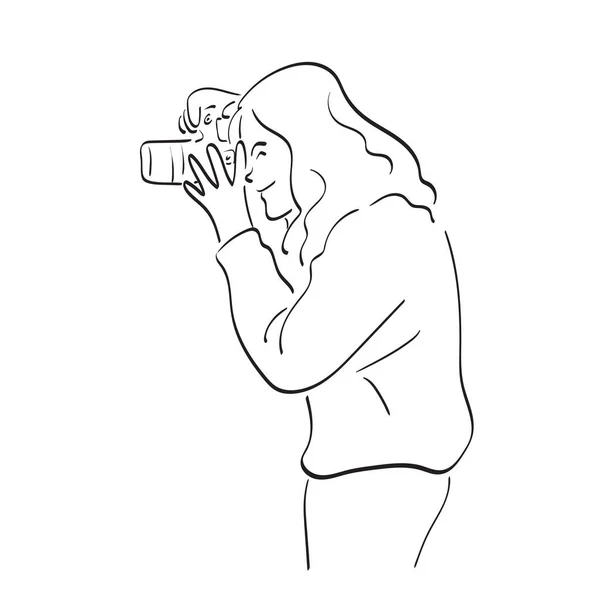 Vista Lateral Del Fotógrafo Femenino Usando Ilustración Cámara Dslr Vector — Archivo Imágenes Vectoriales