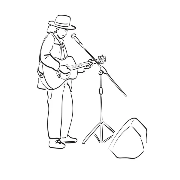 Guitarrista Masculino Pie Busking Tocando Guitarra Ilustración Vector Mano Dibujado — Archivo Imágenes Vectoriales