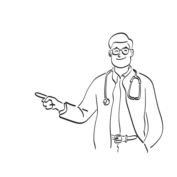 白い背景線画に描かれたコピースペースのイラストベクトルの手で何かを見せる笑顔の男性医師 — ストックベクタ