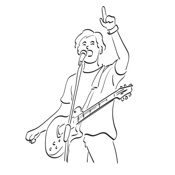 Mężczyzna Rocker Piosenkarz Gitara Elektryczna Wskazując Górę Ilustracja Wektor Strony — Wektor stockowy